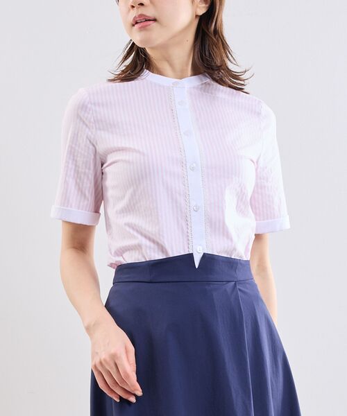 NARACAMICIE / ナラカミーチェ シャツ・ブラウス | 【NARACAMICIE】ラメストライプバンドカラー半袖ブラウス | 詳細1