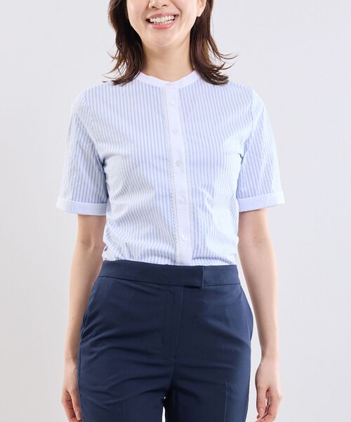 NARACAMICIE / ナラカミーチェ シャツ・ブラウス | 【NARACAMICIE】ラメストライプバンドカラー半袖ブラウス | 詳細2