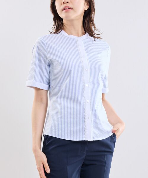 NARACAMICIE / ナラカミーチェ シャツ・ブラウス | 【NARACAMICIE】ラメストライプバンドカラー半袖ブラウス | 詳細3