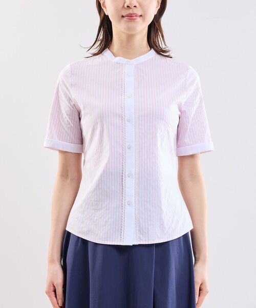 NARACAMICIE / ナラカミーチェ シャツ・ブラウス | 【NARACAMICIE】ラメストライプバンドカラー半袖ブラウス | 詳細4