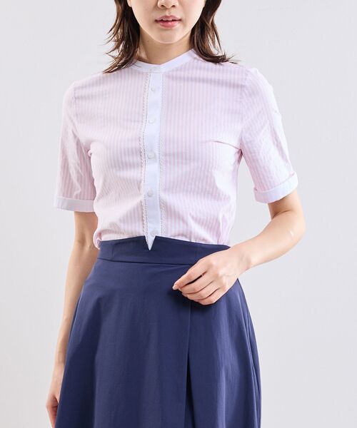 NARACAMICIE / ナラカミーチェ シャツ・ブラウス | 【NARACAMICIE】ラメストライプバンドカラー半袖ブラウス（ピンク）