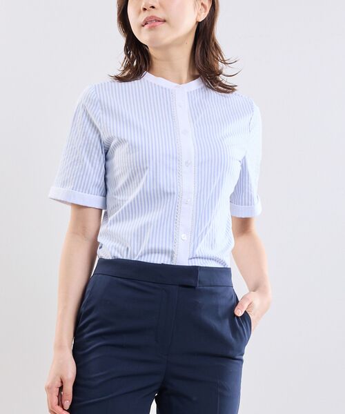 NARACAMICIE / ナラカミーチェ シャツ・ブラウス | 【NARACAMICIE】ラメストライプバンドカラー半袖ブラウス（ブルー）