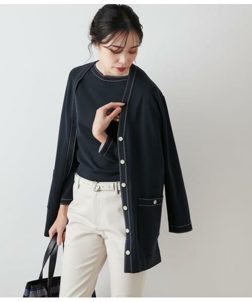 NEWYORKER/ニューヨーカー コットンポリエステル 配色ステッチVネックロングカーディガン ネイビー L NEWYORKER/ニューヨーカー コットンポリエステル 配色ステッチVネックロングカーディガン ネイビー L