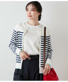 コンパクトギザコットン ケーブルクルーネックボーダーカーディガン