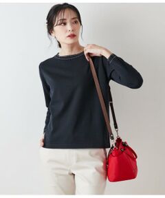 コットンポリエステル 配色ステッチボートネックプルオーバー