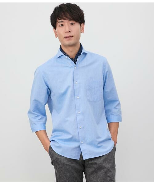 NEWYORKER/ニューヨーカー コットンラミー シャンブレー 七分袖カッタウェイカラーシャツ サックス L NEWYORKER/ニューヨーカー コットンラミー シャンブレー 七分袖カッタウェイカラーシャツ サックス L