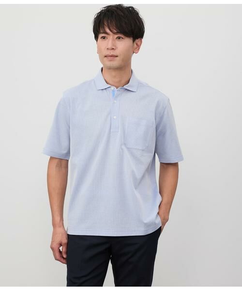 NEWYORKER/ニューヨーカー COOL COMFORT ジャージーサッカーストライプ ポロシャツ ブルー M NEWYORKER/ニューヨーカー COOL COMFORT ジャージーサッカーストライプ ポロシャツ ブルー M