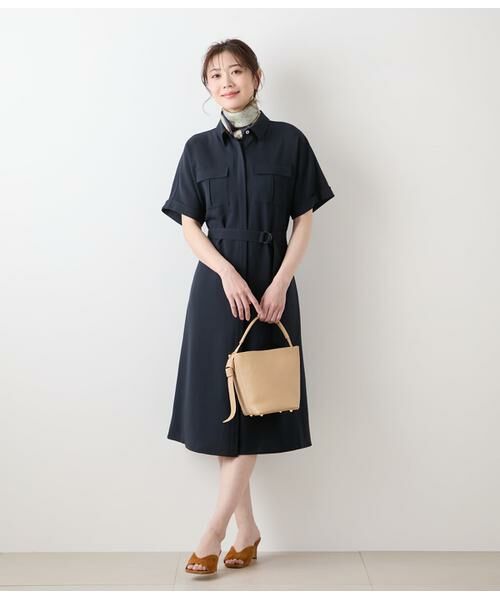 長袖 ひざ丈ワンピース ネイビーUNITEDARROWS　38 セール】薄手 ロング丈ワンピース 長袖 無地（ワンピース