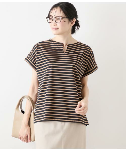 NEWYORKER/ニューヨーカー コットンボーダー キーネックカットソー ネイビー M NEWYORKER/ニューヨーカー コットンボーダー キーネックカットソー ネイビー M