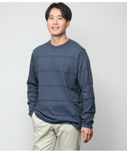 NEWYORKER/ニューヨーカー クルーネックタック 編み柄ボーダー ニット ブルー L NEWYORKER/ニューヨーカー クルーネックタック 編み柄ボーダー ニット ブルー L