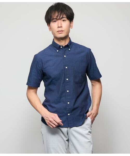 NEWYORKER/ニューヨーカー ジャカード サークルペイズリー 半袖ショートボタンダウンシャツ ネイビー XL NEWYORKER/ニューヨーカー ジャカード サークルペイズリー 半袖ショートボタンダウンシャツ ネイビー XL