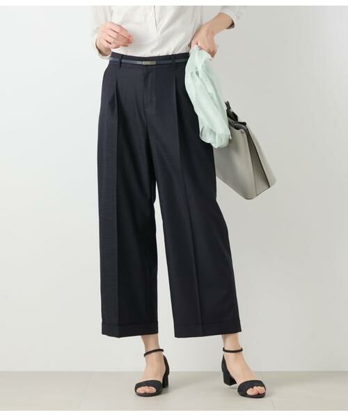 NEWYORKER / ニューヨーカー その他パンツ | リネンライクストレッチ ワンタックワイドパンツ(ネイビー)