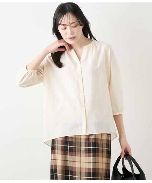 NEWYORKER/ニューヨーカー シアードライボイル スキッパーギャザー7分袖ブラウス アイボリー 9号