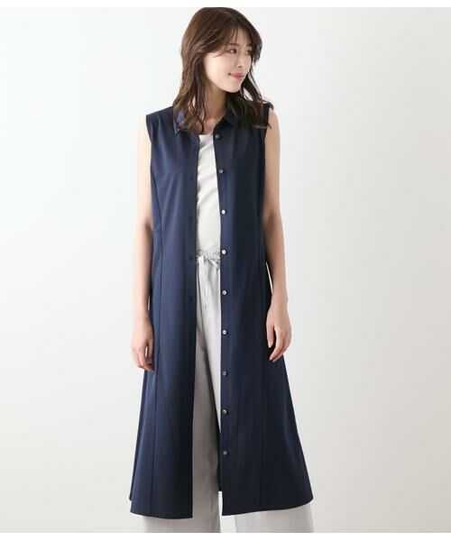 NEWYORKER/ニューヨーカー ハイツイストツイル ノースリーブシャツワンピース ネイビー L