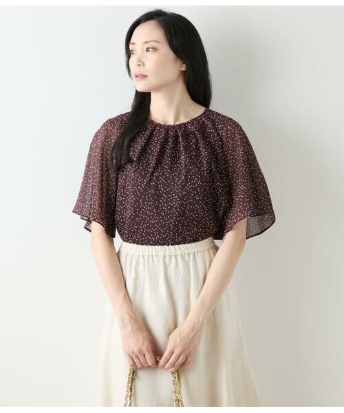 NEWYORKER/ニューヨーカー ドット楊柳 フレアスリーブブラウス＆タンクトップ ブラウン L