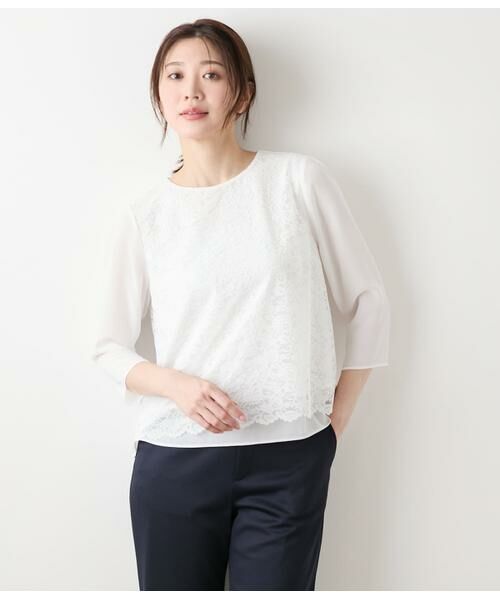 NEWYORKER/ニューヨーカー TR天竺フラワーレース 7分袖プルオーバー ホワイト M
