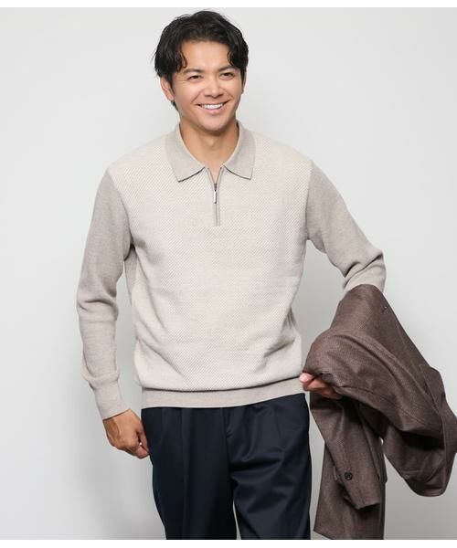NEWYORKER / ニューヨーカー ニット・セーター | 襟付きハーフジップニット(グレージュ)