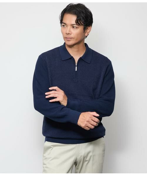 NEWYORKER / ニューヨーカー ニット・セーター | 襟付きハーフジップニット(ネイビー)