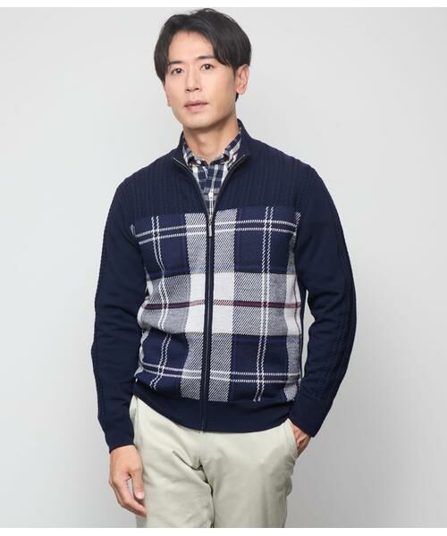 NEWYORKER / ニューヨーカー カーディガン・ボレロ | ニューヨーカータータン ケーブル柄スタンドフルジップ カーディガン(ネイビー)