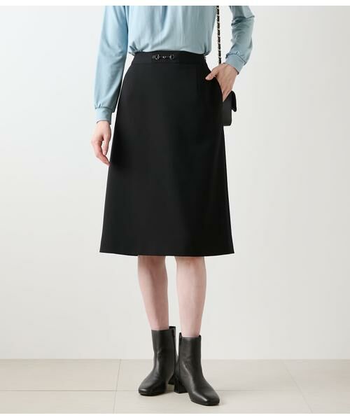 NEWYORKER / ニューヨーカー ミニ・ひざ丈スカート | ギャバライクポリエステル ビット付きAラインスカート(ブラック)