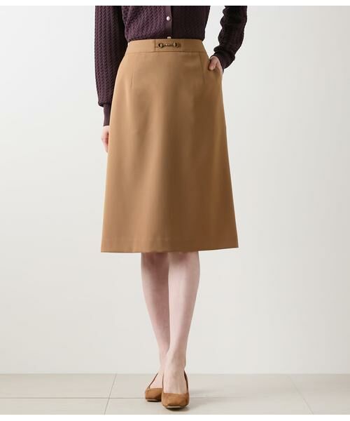 NEWYORKER / ニューヨーカー ミニ・ひざ丈スカート | ギャバライクポリエステル ビット付きAラインスカート(キャメル)