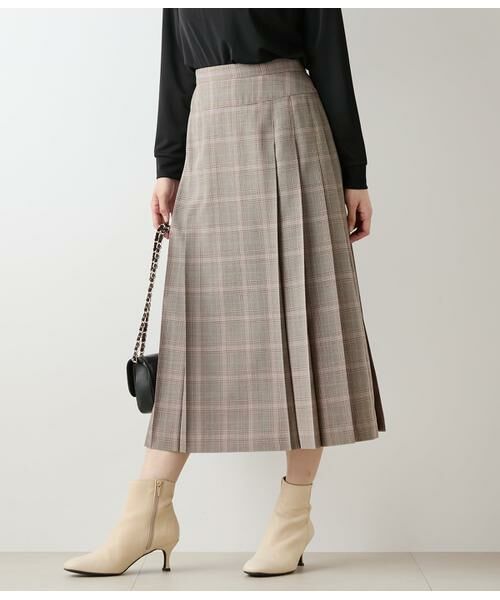 NEWYORKER / ニューヨーカー ミニ・ひざ丈スカート | カラードグレンチェック サイドタックプリーツスカート(ブラウン)