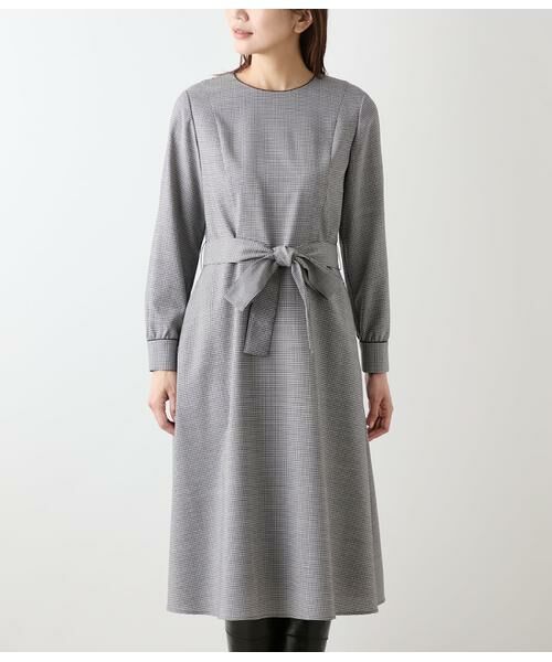 NEWYORKER / ニューヨーカー ミニ丈・ひざ丈ワンピース | ウール混ハウンドトゥース ウエスト切替えパイピングフレアワンピース | 詳細1