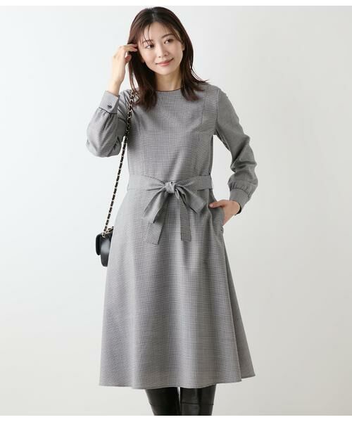 NEWYORKER / ニューヨーカー ミニ丈・ひざ丈ワンピース | ウール混ハウンドトゥース ウエスト切替えパイピングフレアワンピース（ホワイト/ブラック）