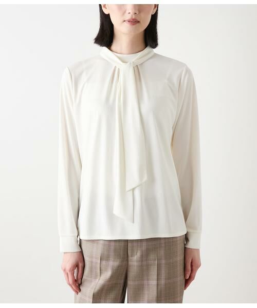 NEWYORKER / ニューヨーカー カットソー | ポリエステル強撚スムース ボウタイ付きハイネックカットソープルオーバー | 詳細1