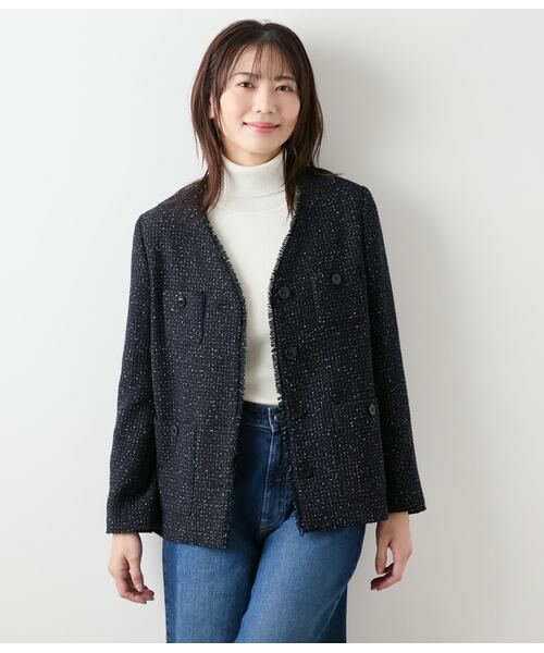 NEWYORKER/ニューヨーカー ネオンカラーミックスツィード ノーカラージャケット ネイビー 7号 NEWYORKER/ニューヨーカー ネオンカラーミックスツィード ノーカラージャケット ネイビー 7号