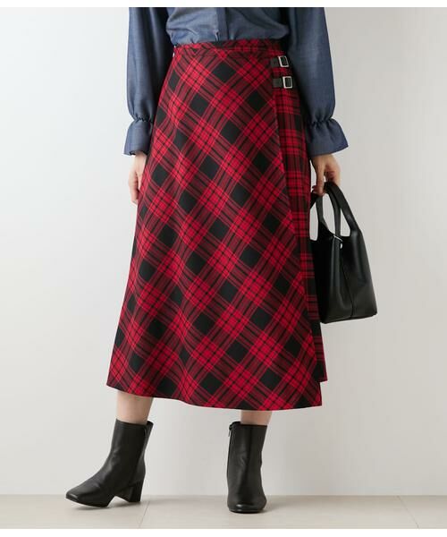 NEWYORKER/ニューヨーカー ウールタータン アシメキルトスカート レッド 11号 NEWYORKER/ニューヨーカー ウールタータン アシメキルトスカート レッド 11号