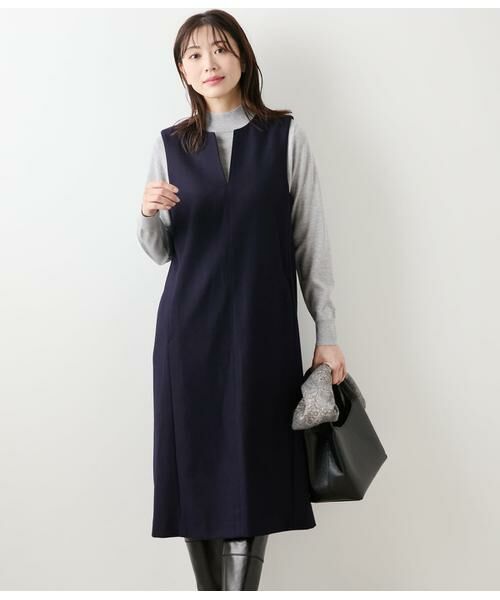 NEWYORKER / ニューヨーカー ミニ丈・ひざ丈ワンピース | NEWYORKER MELTON キーネックジャンパースカート（ネイビー）
