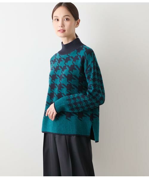 NEWYORKER/ニューヨーカー 千鳥柄ダブルジャカード ハイネックプルオーバー ネイビー L