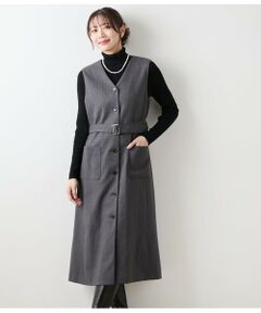 NEWYORKER / ニューヨーカー ミニ丈・ひざ丈ワンピース | デニム調メランジストライプ Vネックジャンパースカート