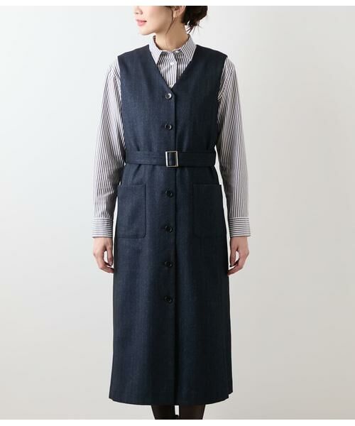 NEWYORKER / ニューヨーカー ミニ丈・ひざ丈ワンピース | デニム調メランジストライプ Vネックジャンパースカート | 詳細10