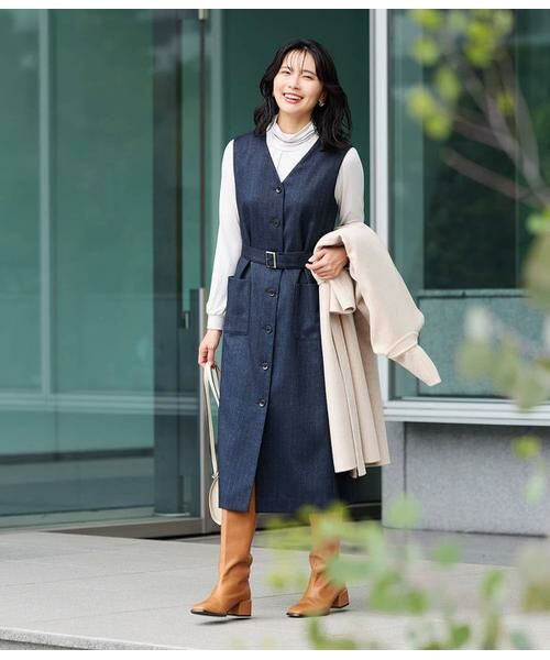 NEWYORKER / ニューヨーカー ミニ丈・ひざ丈ワンピース | デニム調メランジストライプ Vネックジャンパースカート | 詳細14