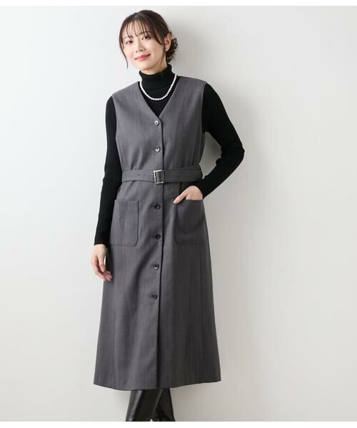 NEWYORKER / ニューヨーカー ミニ丈・ひざ丈ワンピース | デニム調メランジストライプ Vネックジャンパースカート(グレー)