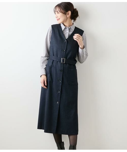 NEWYORKER / ニューヨーカー ミニ丈・ひざ丈ワンピース | デニム調メランジストライプ Vネックジャンパースカート(ネイビー)