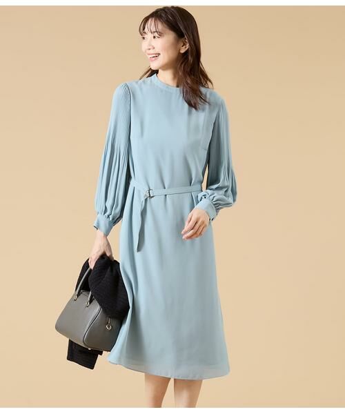 NEWYORKER / ニューヨーカー ミニ丈・ひざ丈ワンピース | ソフトジョーゼット 袖プリーツワンピース(サックス)