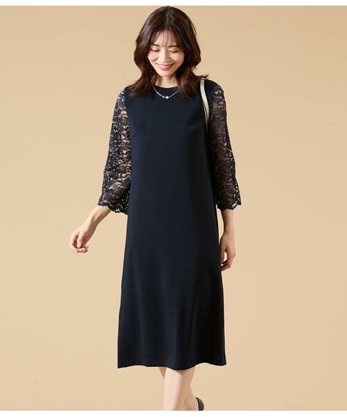 NEWYORKER / ニューヨーカー ミニ丈・ひざ丈ワンピース | サテン&ラッセルレース コンビワンピース(ネイビー)
