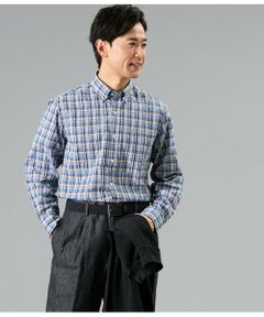 NEWYORKER / ニューヨーカー シャツ・ブラウス | サッカー ネイビーチェック 長袖ショートボタンダウンシャツ