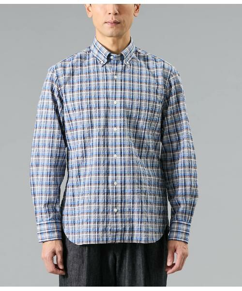 NEWYORKER / ニューヨーカー シャツ・ブラウス | サッカー ネイビーチェック 長袖ショートボタンダウンシャツ | 詳細1