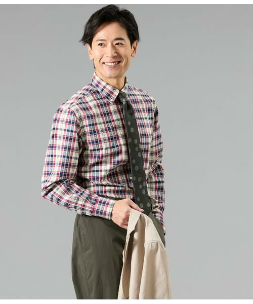 NEWYORKER / ニューヨーカー シャツ・ブラウス | サッカー デジタルミックスカラーチェック 長袖ショートボタンダウンシャツ（ワイン）
