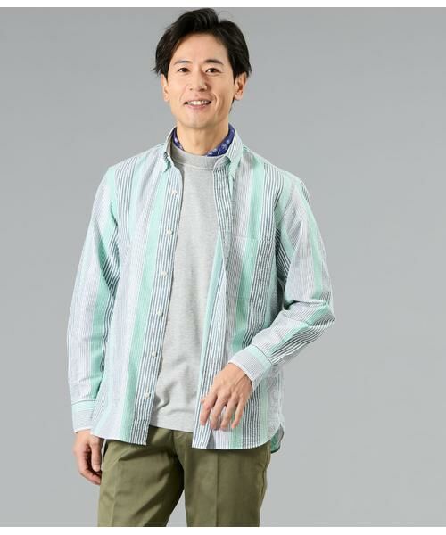 NEWYORKER / ニューヨーカー シャツ・ブラウス | サッカー マルチストライプ 長袖ショートボタンダウンシャツ（グリーン）