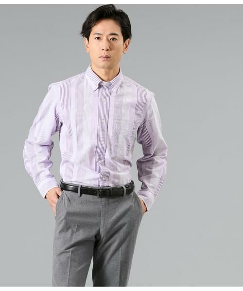 NEWYORKER / ニューヨーカー シャツ・ブラウス | サッカー マルチストライプ 長袖ショートボタンダウンシャツ（ラベンダー）
