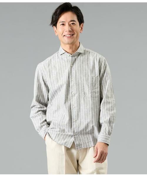 NEWYORKER / ニューヨーカー シャツ・ブラウス | ジャカード ストライプ 長袖カッタウェイカラーシャツ(モスグリーン)