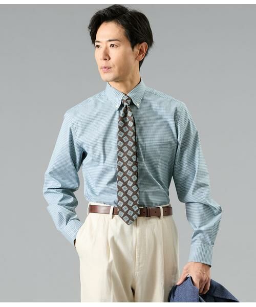 NEWYORKER / ニューヨーカー シャツ・ブラウス | NY FitEase マイクロタッターソール 長袖ショートボタンダウンシャツ（グリーン）