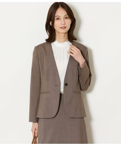 NEWYORKER / ニューヨーカー テーラードジャケット | ウールピンヘッド 1釦カラーレスジャケット（ブラウン）