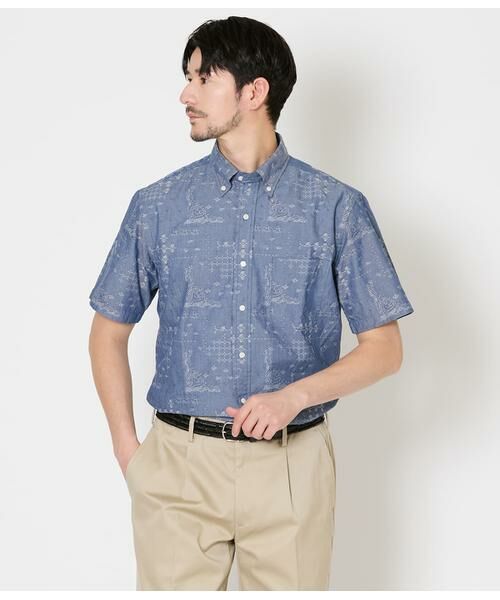 NEWYORKER / ニューヨーカー シャツ・ブラウス | ペイズリージャカード 半袖ショートボタンダウンシャツ（ネイビー）