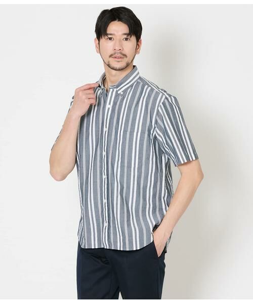 NEWYORKER / ニューヨーカー シャツ・ブラウス | ワイドストライプ サッカー 半袖ショートボタンダウンシャツ（ダークグレー）